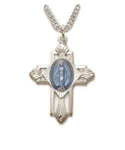 Blue Miraculous Cross Necklace - Sterling Silver Pendant on 20" Stainless Chain (SX8630SH)
