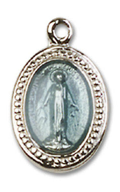 Blue Miraculous Medal Charm - Sterling Silver Oval Pendant (0700BSS)