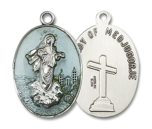 Blue Our Lady of Medjugorje Medal - Sterling Silver Oval Pendant 2 Sizes