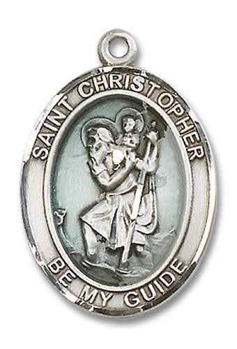 Blue St Christopher Medal - Sterling Silver Oval Pendant 3 Sizes