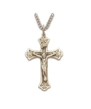 Budded Antique Crucifix Necklace - Sterling Silver Pendant on 20" Stainless Steel Chain (SX7847SH)