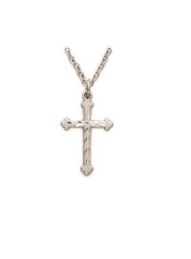 Budded Engraved Cross Necklace - Sterling Silver Pendant on 18" Stainless Steel Chain (SX8061SH)