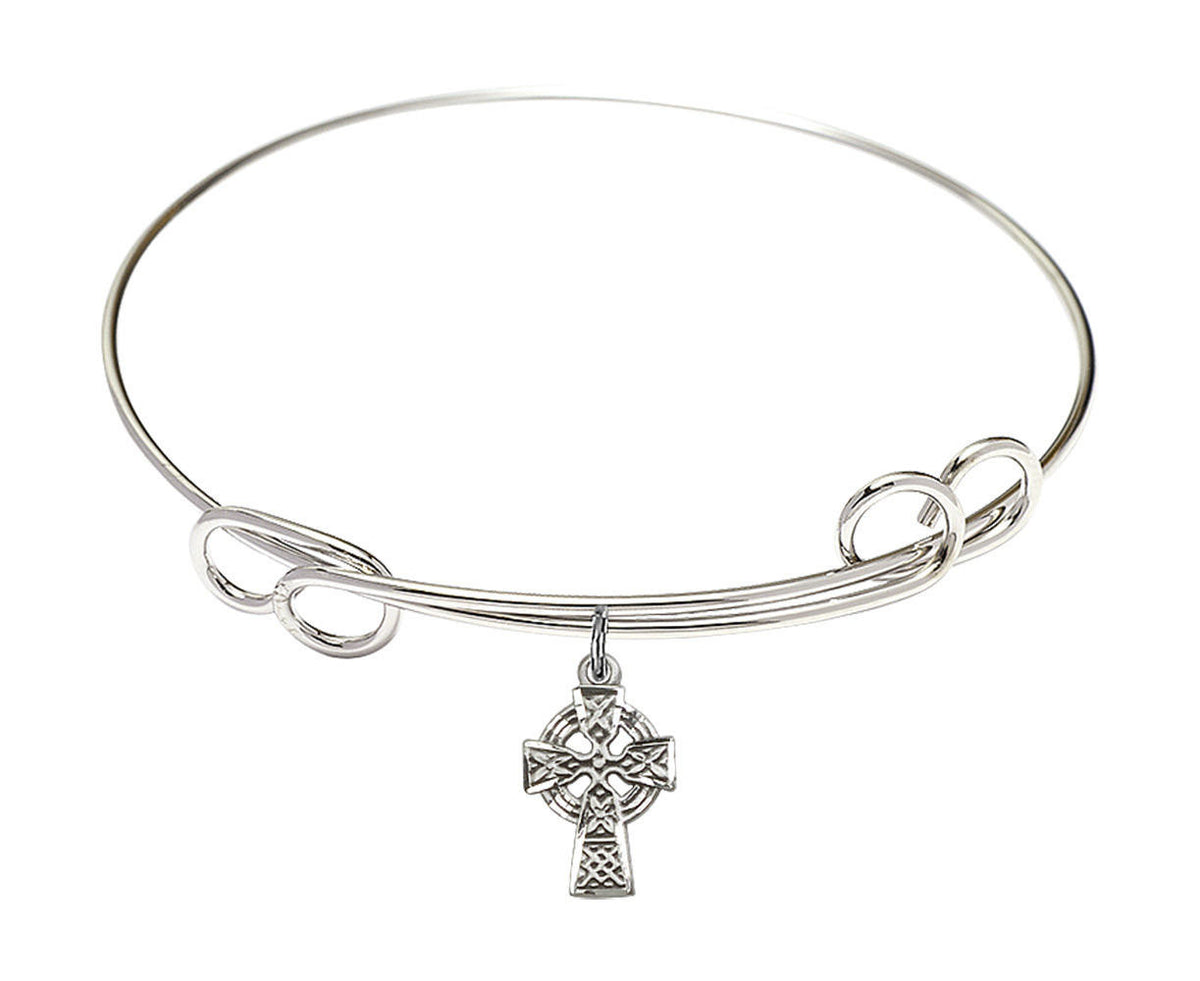 Celtic Cross Double Loop Bangle Bracelet - Sterling Silver Charm