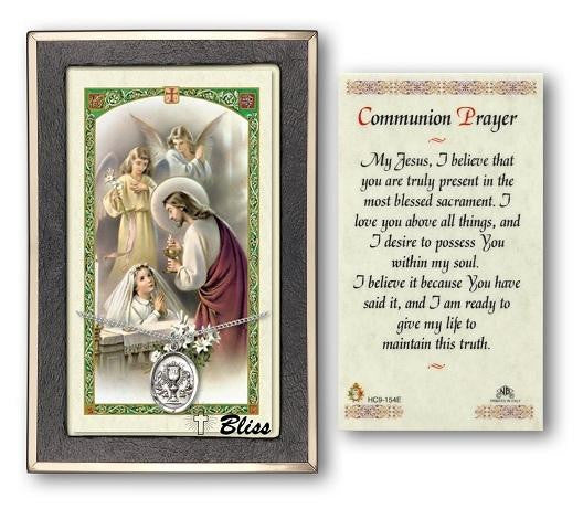 Chalice Medal With First Holy Communion Prayer Card - Sterling Silver 3/4 x 1/2 Oval Pendant PC0875SS