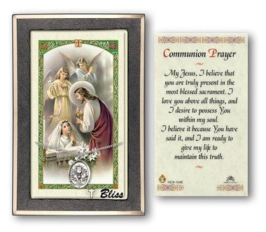 Chalice Medal With First Holy Communion Prayer Card - Sterling Silver 3/4" x 1/2" Oval Pendant (PC0875SS)