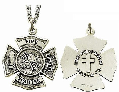 Christ Strengthens Me Firefighter Necklace - Sterling Silver Medal on 24 Stainless Chain SM9042SH