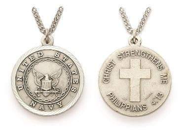 Christ Strengthens Me Navy Necklace - Sterlling Silver Medal on 24 Stainless Chain SM8253SH