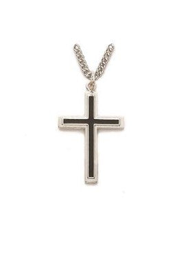 Cross Black Raised Cross Necklace - Sterling Silver Pendant on 24" Stainless Chain (SX8110SH)