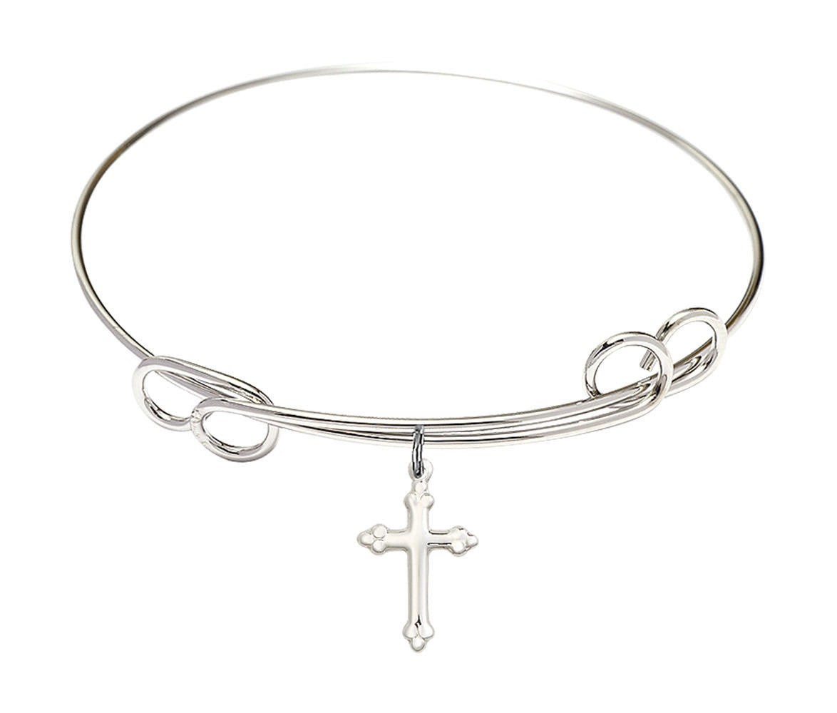 Cross Charm Double Loop Bangle Bracelet - Sterling Silver Charm
