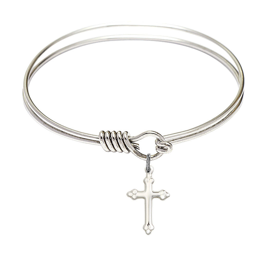 Cross Charm Round Eye Hook Bangle Bracelet - Sterling Silver Charm - 6.25 Inch 4158CSS