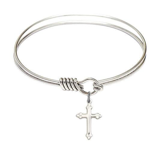 Cross Charm Round Eye Hook Bangle Bracelet - Sterling Silver Charm - 6.25 Inch 4158CSS
