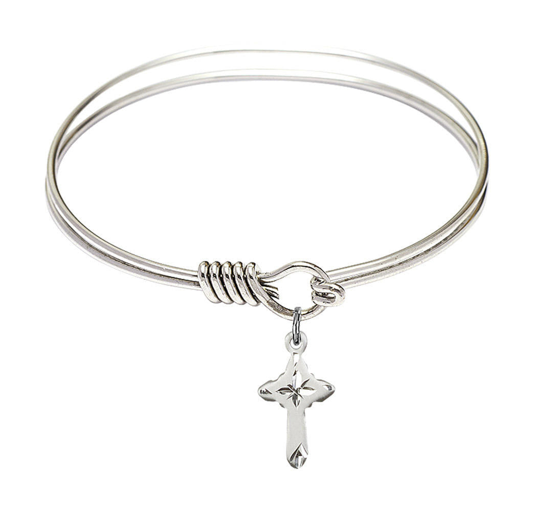 Cross Round Eye Hook Bangle Bracelet - Sterling Silver Charm - 6.25 Inch 2525SS