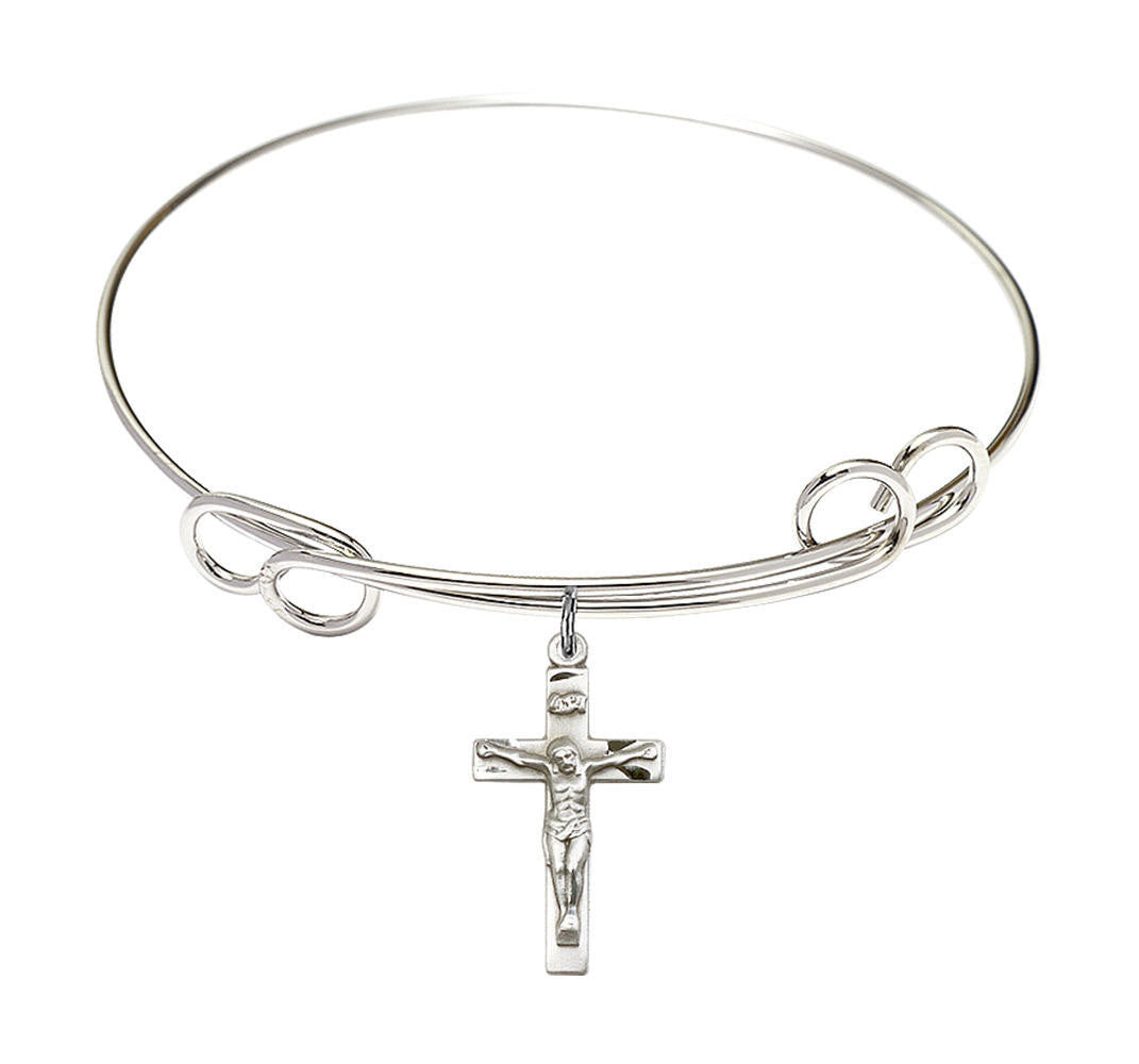 Crucifix Double Loop Bangle Bracelet - Sterling Silver Charm