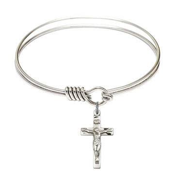 Crucifix Round Eye Hook Bangle Bracelet - Sterling Silver Charm - 6.25 Inch  (0001SS)