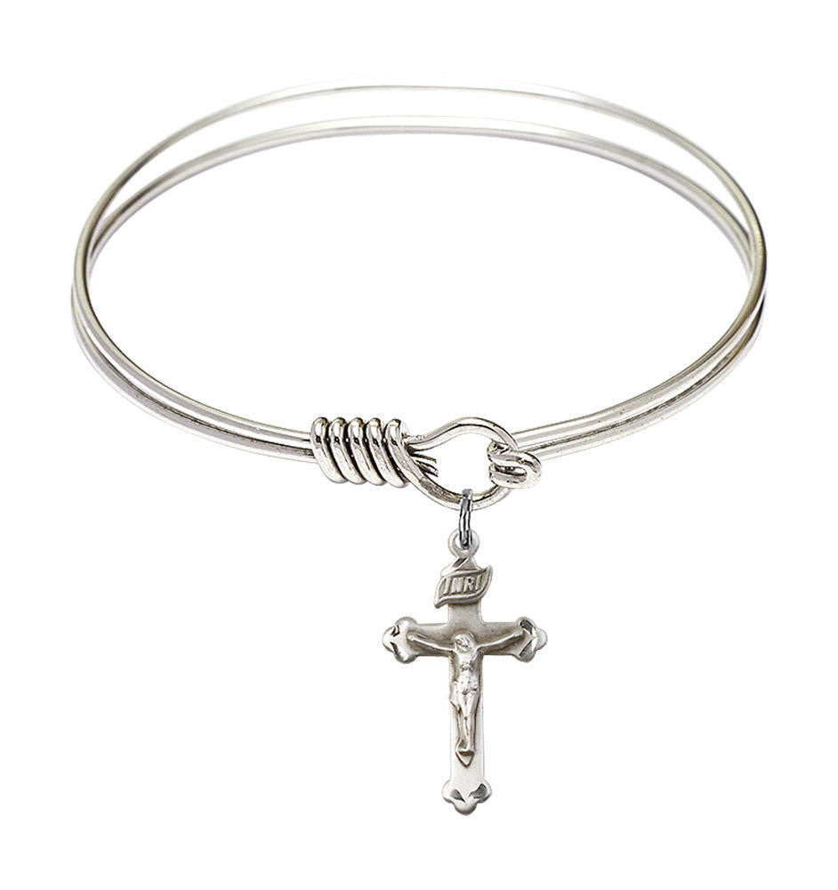 Crucifix Round Eye Hook Bangle Bracelet - Sterling Silver Charm - 6.25 Inch 0669SS