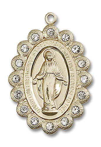 Crystal Bead Encrusted Miraculous Medal - 14kt Gold Oval Pendant 2 Sizes