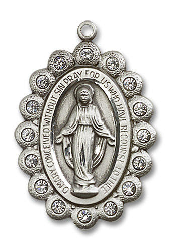 Crystal Bead Encrusted Miraculous Medal - Sterling Silver Oval Pendant 2 Sizes