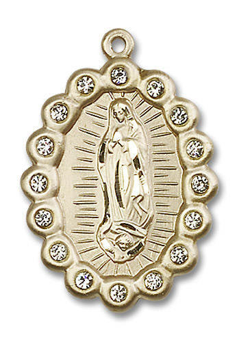Crystal Bead Encrusted Our Lady of Guadalupe Medal - 14kt Gold Pendant 2 Sizes