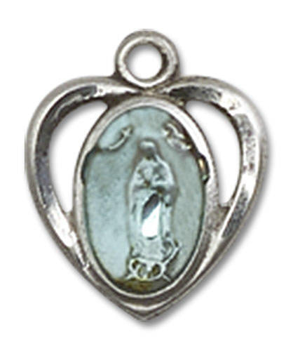 Cut Out Blue Heart Shaped Our Lady of Guadalupe Pendant Charm - Sterling Silver 5422ESS