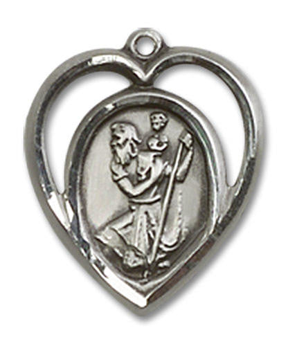 Cut Out Heart Shaped St Christopher Pendant - Sterling Silver 5/8 x 1/2 4127SS
