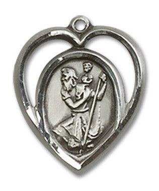Cut Out Heart Shaped St. Christopher Pendant - Sterling Silver 5/8" x 1/2" (4127SS)