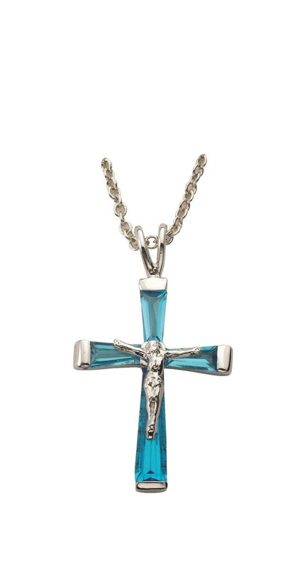 December Birthstone Crucifix Necklace - Sterling Silver Pendant on 18 Stainless Steel Chain SX9308SH
