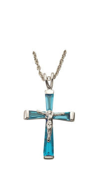 December Birthstone Crucifix Necklace - Sterling Silver Pendant on 18" Stainless Steel Chain (SX9308SH)