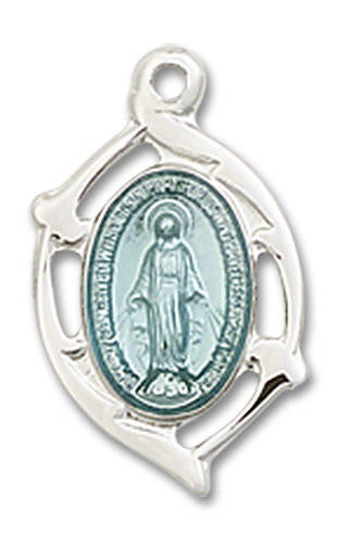 Embellished Blue Miraculous Medal - Sterling Silver 5/8 x 3/8 Oval Pendant 4257MSS