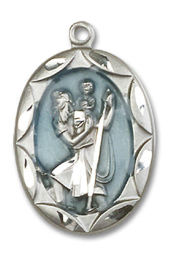 Embellished Blue St Christopher Medal - Sterling Silver 1 x 5/8 Oval Pendant 0801ECSS