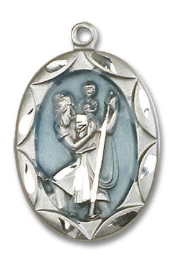 Embellished Blue St. Christopher Medal - Sterling Silver 1" x 5/8" Oval Pendant (0801ECSS)