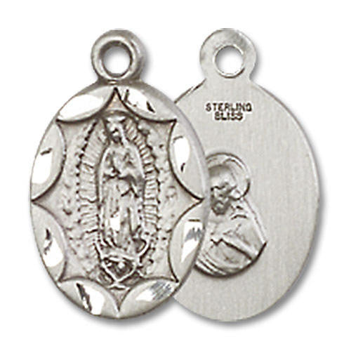 Embellished Our Lady of Guadalupe Medal Charm - Sterling Silver Oval Pendant 0301FSS