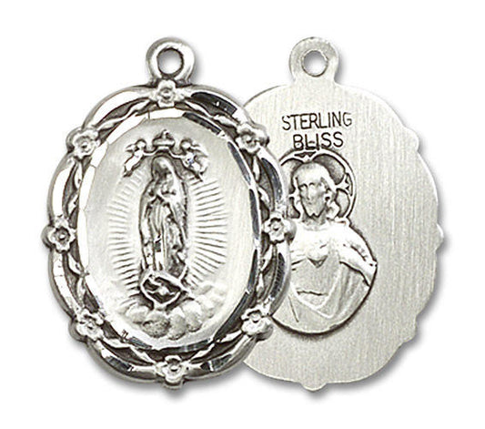 Embellished Our Lady of Guadalupe Medal - Sterling Silver 7/8 x 5/8 Oval Pendant 4146FSS