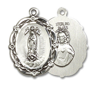 Embellished Our Lady of Guadalupe Medal - Sterling Silver 7/8" x 5/8" Oval Pendant (4146FSS)