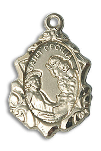 Embellished St Cecilia Medal - 14kt Gold 3/4 x 1/2 Pendant 0822CE