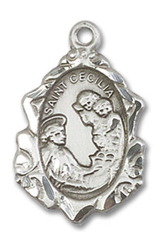 Embellished St Cecilia Medal - Sterling Silver 3/4 x 1/2 Pendant 0822CESS