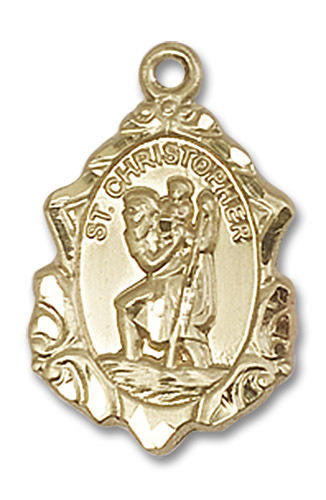 Embellished St Christopher Medal - 14kt Gold 3/4 x 1/2 Pendant 0822C