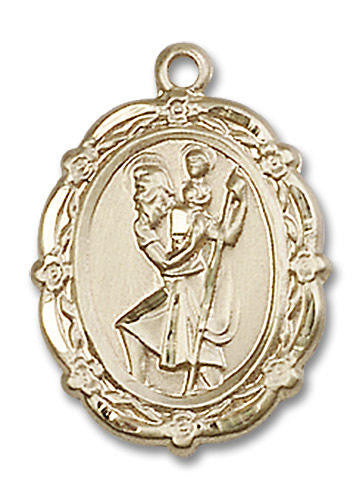 Embellished St Christopher Medal - 14kt Gold 7/8 x 5/8 Oval Pendant 4146C