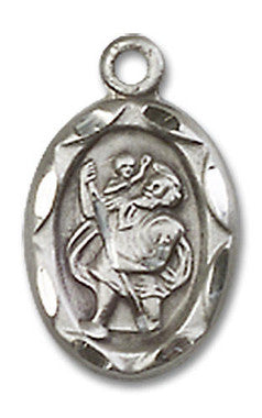Embellished St. Christopher Medal Charm - Sterling Silver Oval Pendant (0301CSS)