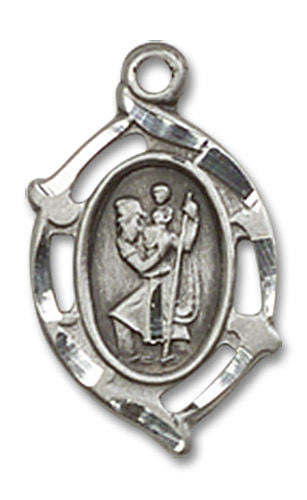 Embellished St Christopher Medal - Sterling Silver 5/8 x 3/8 Oval Pendant 4152CSS