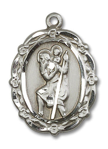 Embellished St Christopher Medal - Sterling Silver 7/8 x 5/8 Oval Pendant 4146CSS
