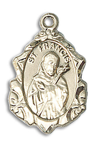 Embellished St Francis Medal - 14kt Gold 3/4 x 1/2 Pendant 0822FC
