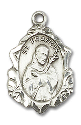 Embellished St Francis Medal - Sterling Silver 3/4 x 1/2 Pendant 0822FCSS