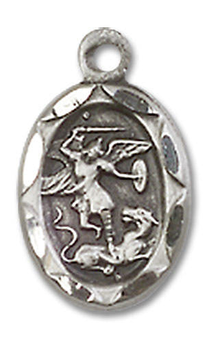 Embellished St Michael Medal Charm - Sterling Silver 1/2 x 1/4 Oval Pendant 0301RSS