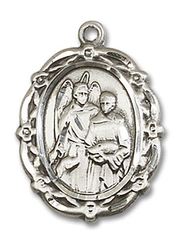 Embellished St Raphael Medal - Sterling Silver 7/8 x 5/8 Oval Pendant 4146RASS