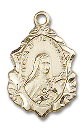 Embellished St Theresa Medal - 14kt Gold 3/4 x 1/2 Pendant 0822T