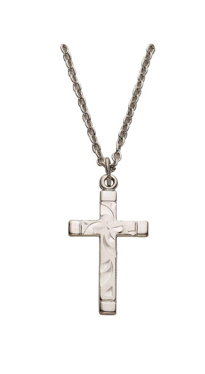 Engraved Cross Necklace - Sterling Silver Pendant on 18 Stainless Chain SX8491SH