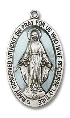 Extra Large Blue Miraculous Medal - Sterling Silver 1 5/8" x 1" Oval Pendant (5852ESS)