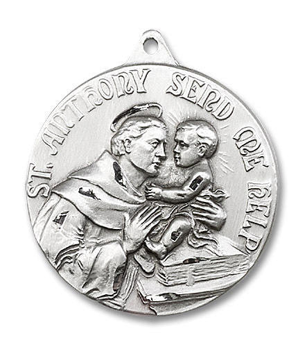 Extra Large St Anthony Medal - Sterling Silver 1 3/8 x 1 1/8 Round Pendant 0203DSS