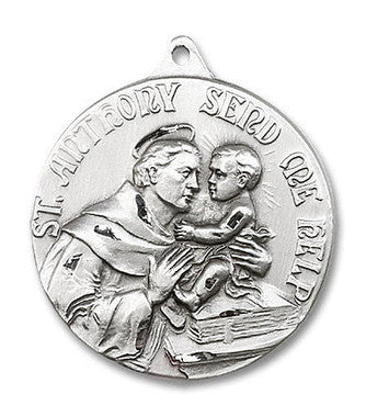 Extra Large St. Anthony Medal - Sterling Silver 1 3/8" x 1 1/8" Round Pendant (0203DSS)