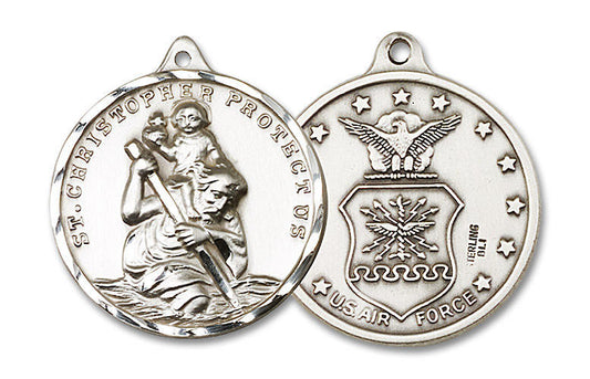 Extra Large St Christopher Air Force Medal - Sterling Silver 1 3/8 x 1 1/4 Round Pendant 0203SS1